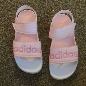Adidas baby pink and white old school snap back sandals…